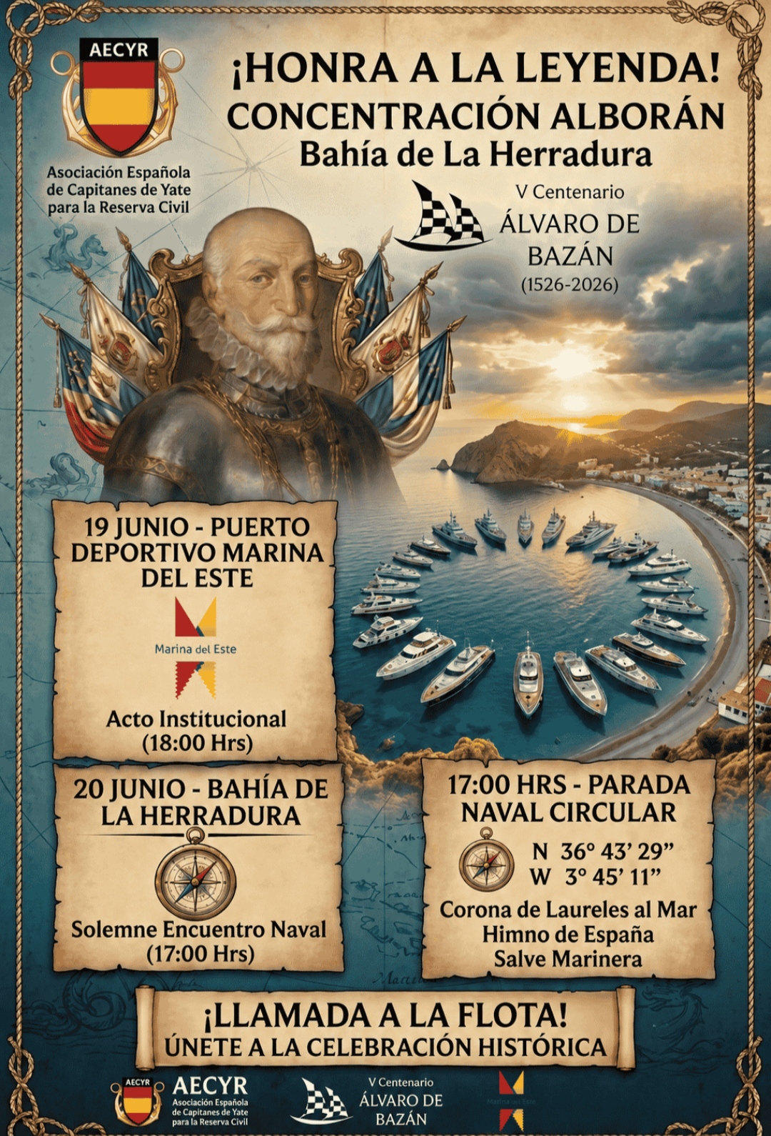 Marina del Este participa en el homenaje al almirante Álvaro de Bazán promovido por la Asociación Española de Capitanes de Yate para la Reserva Civil