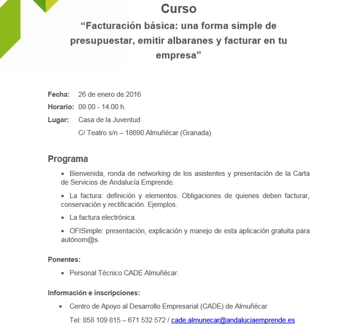 Curso �Facturaci�n b�sica: una forma simple de presupuestar, emitir albaranes y facturar en tu empresa�.