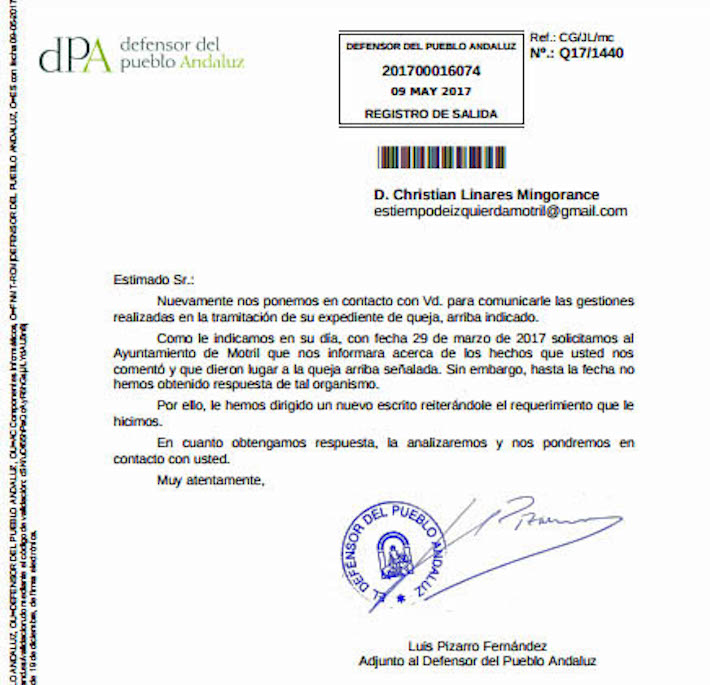 Izquierda Unida reclama a Flor Almón que atienda las peticiones del defensor del pueblo andaluz