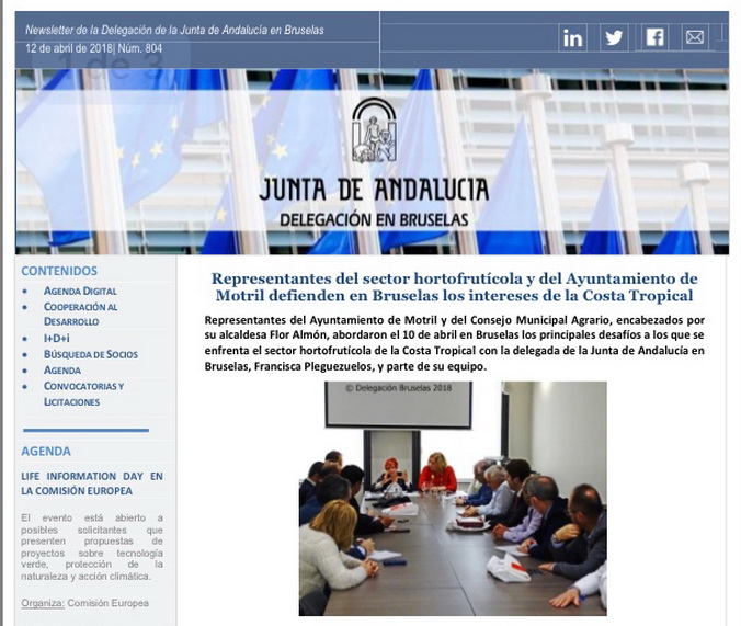 La delegacin de la Junta en Bruselas dedica la portada de su principal canal de comunicacin a la visita del sector agrcola motrileo  