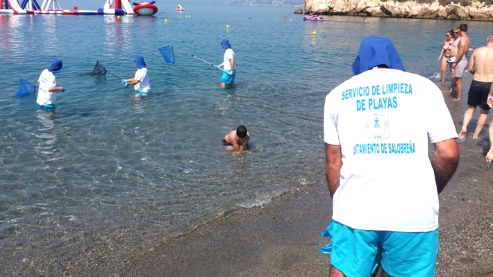 Diferentes cuadrillas de 4 operarios recorren las playas de Salobrea para limpiar de forma manual la primera franja de mar.