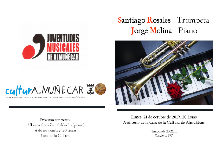 Juventudes Musicales de Almucar ofrece hoy lunes un concierto de piano y trompeta en la Casa de la Cultura