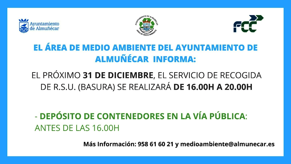 El viernes 31 el servicio de recogida de basura en Almuñécar será de 16 a 20